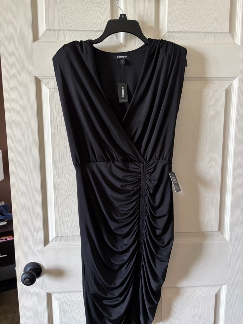 Express Black Ruched V-Neck Midi Dress